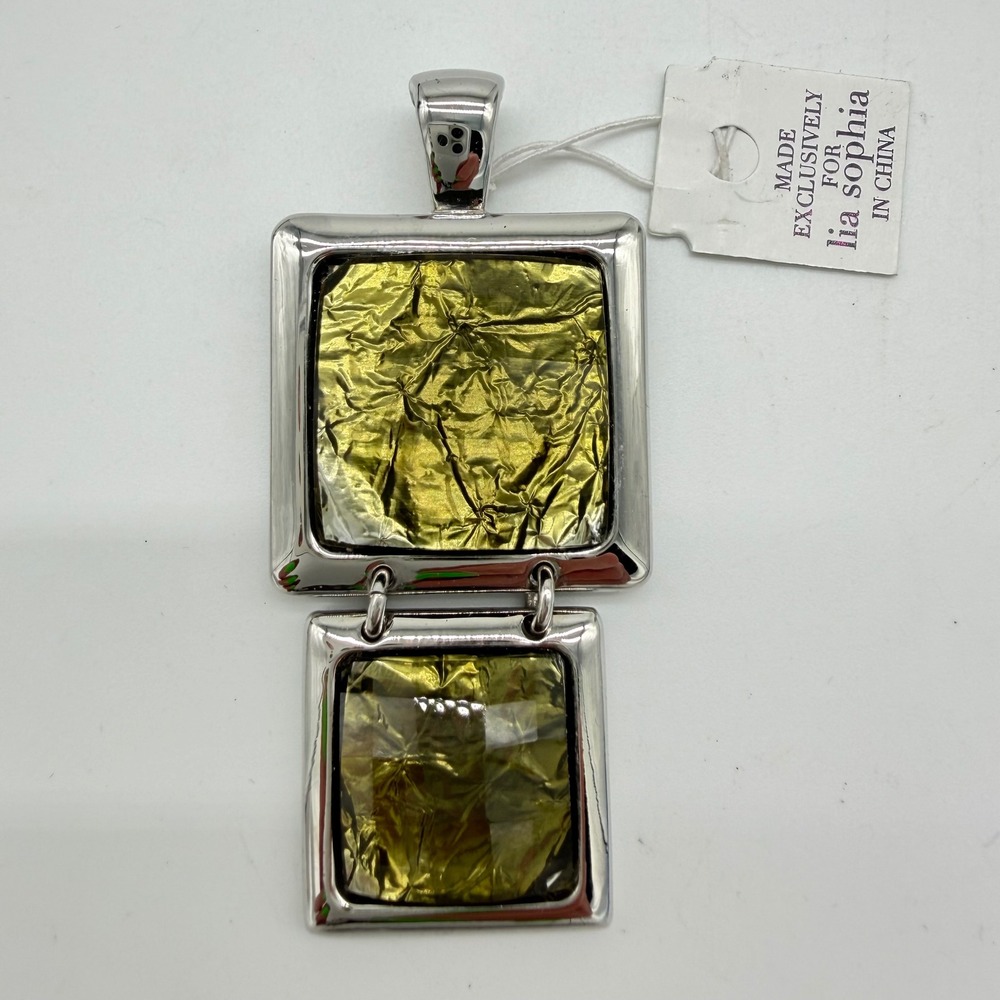 Lia Sophia Green Foil Glass Double Square Pendant Necklace Silver Tone NWT